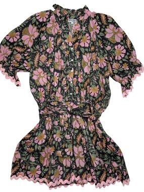 Juliet Dunn Floral Ruffle Blouson Mini Dress  Lace Trim Dark Whimsical Preppy